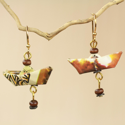Recycled paper and wood dangle earrings, 'Tema Harbor' - Recycled Paper Sailboat Earrings Crafted by Hand