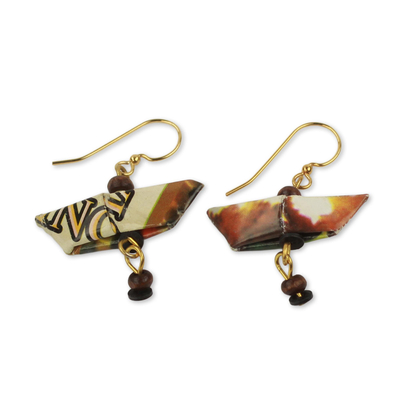 Recycled paper and wood dangle earrings, 'Tema Harbor' - Recycled Paper Sailboat Earrings Crafted by Hand