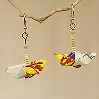 Recycled paper and terracotta dangle earrings, 'Yellow Boats' - Recycled Paper Sailboat Earrings Crafted by Hand in Ghana