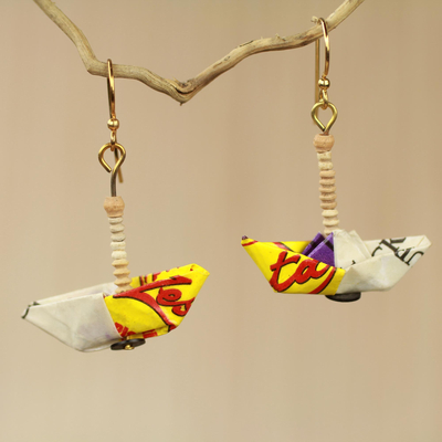 Recycled paper and terracotta dangle earrings, Yellow Boats
