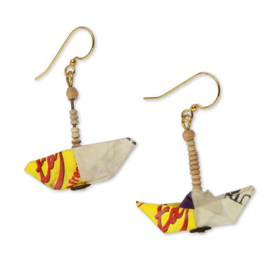 Recycled paper and terracotta dangle earrings, 'Yellow Boats' - Recycled Paper Sailboat Earrings Crafted by Hand in Ghana