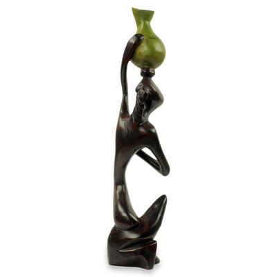 Wood sculpture, 'The Water Carrier' - Woman with Water Jug Sculpture Hand Carved Wood