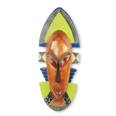 African wood mask, 'Ghana Queen Mother' - Modern Blue and Yellow Authentic African Mask