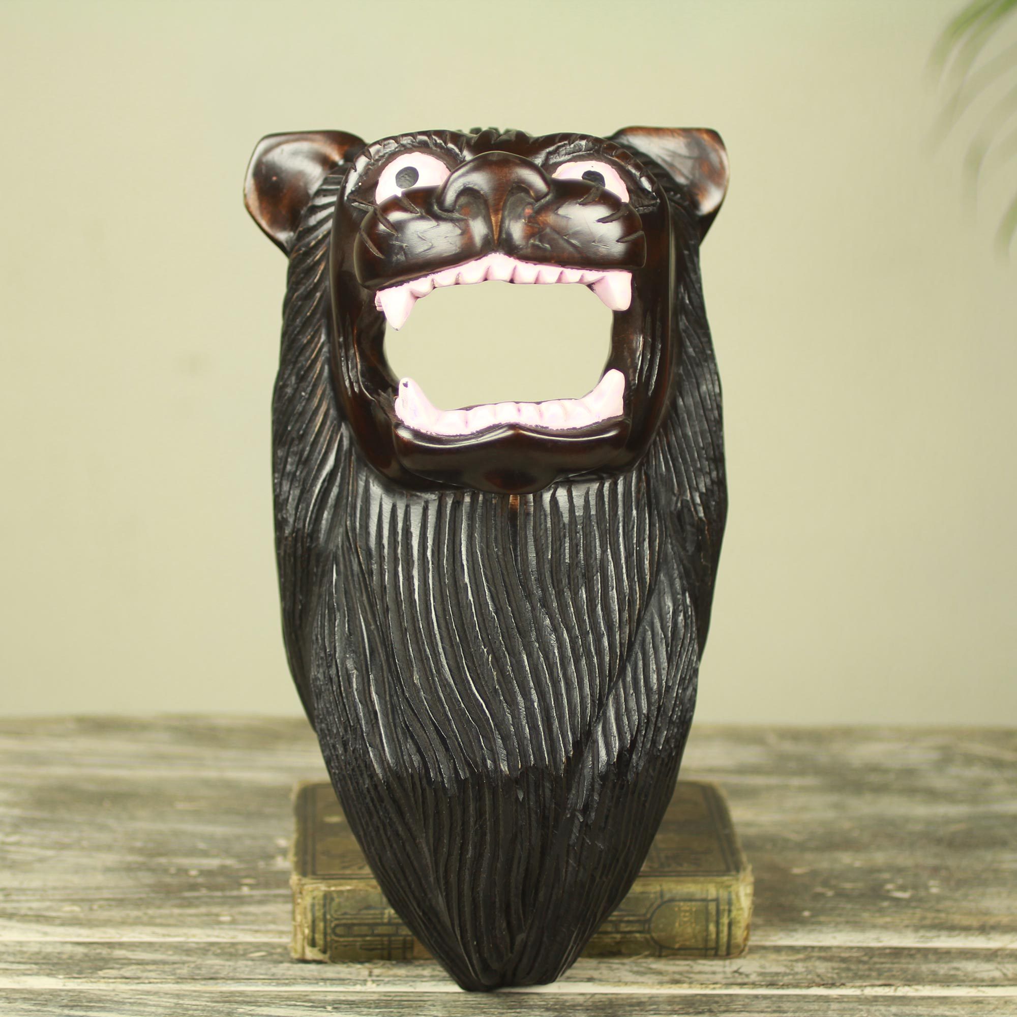 Hand Carved Black Lion African Mask Fierce Lion NOVICA