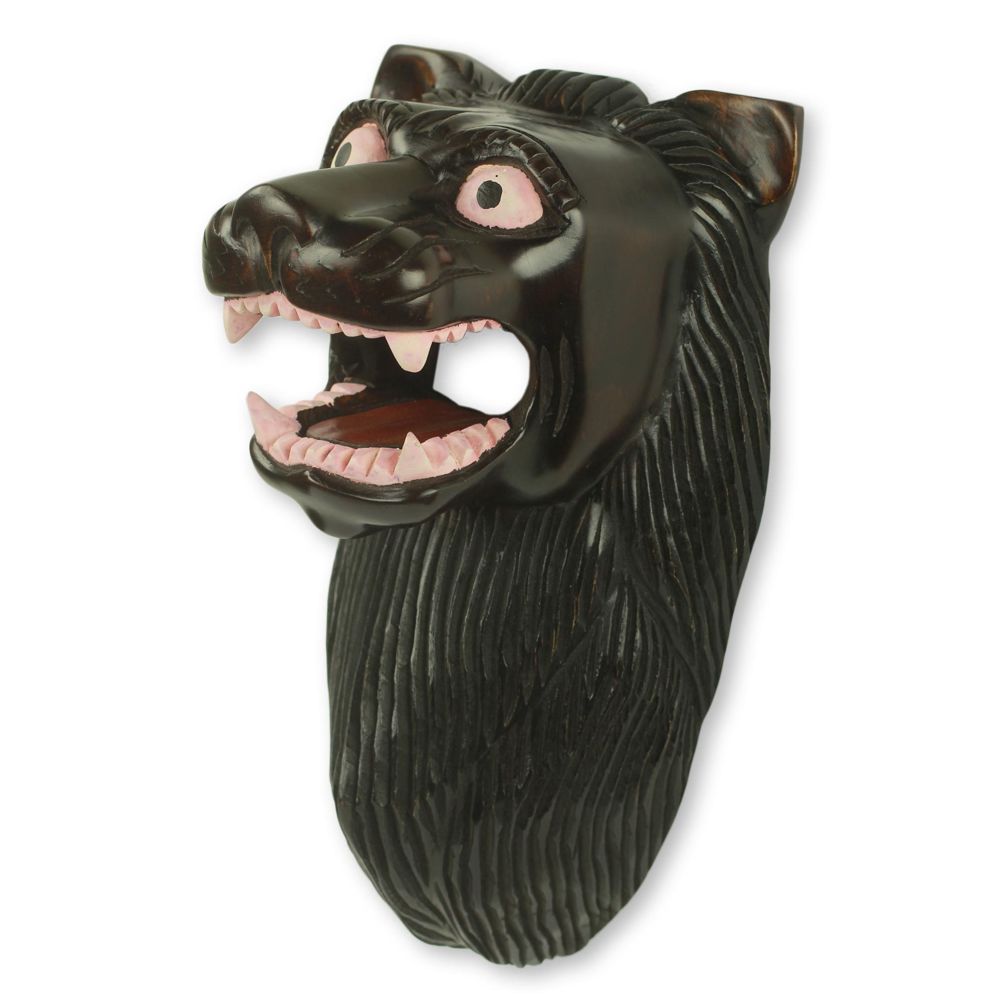 Hand Carved Black Lion African Mask Fierce Lion NOVICA