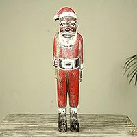 Escultura de madera, 'Papá Noel' - escultura navideña africana única de Papá Noel