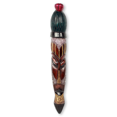 African wood mask, 'Tell the Good News' - Tall Narrow African Mask with Brass and Aluminum