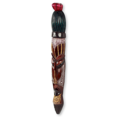 African wood mask, 'Tell the Good News' - Tall Narrow African Mask with Brass and Aluminum