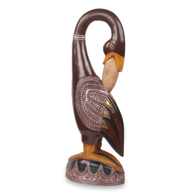 Holzskulptur - Handgeschnitzte afrikanische Vogelskulptur aus Holz mit Repousse
