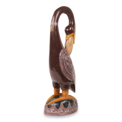 Wood sculpture, 'Brown Ashanti Bird' - Hand Carved African Wood Bird Sculpture with Repousse