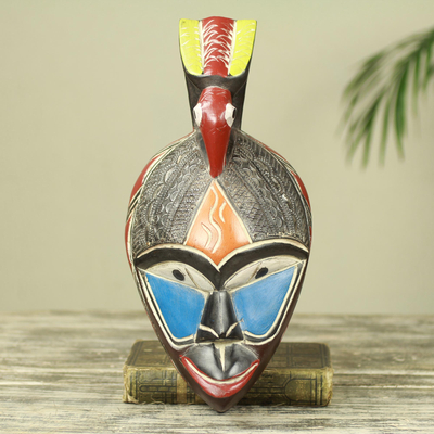 African wood mask, 'Bowing Bird' - Colorful Modern Hand Crafted African Mask