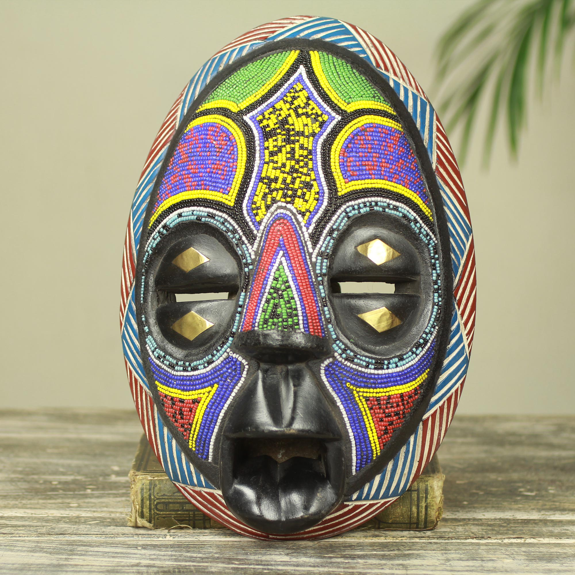 UNICEF Market | Beaded Black Wood African Mask with Brass Inlay 