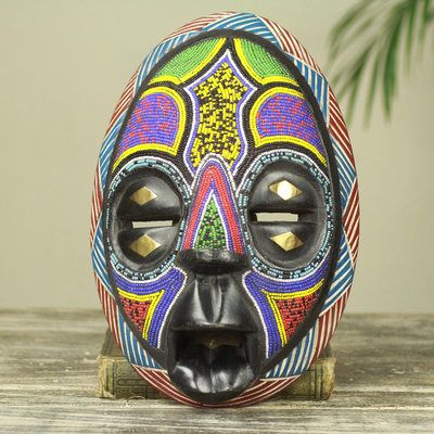 African wood mask, 'Colors of Ghana' - Beaded Black Wood African Mask with Brass Inlay