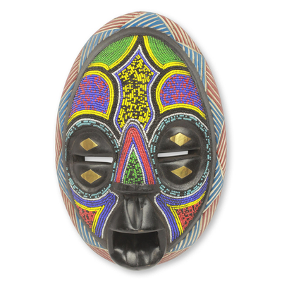 African wood mask, 'Colors of Ghana' - Beaded Black Wood African Mask with Brass Inlay