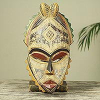 African wood mask, 'Akan Helper' - Textured Artisan Crafted Rustic African Mask