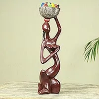 Escultura de madera, 'Vendedor de frutas' - Escultura de madera africana Artesano Arte moderno