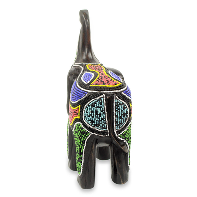 Wood sculpture, 'Beaded Black Elephant' - Beaded Black Wood African Elephant Sculpture