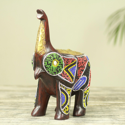 Wood sculpture, 'Beaded Brown Elephant' - Brass Inlay Beaded Wood African Elephant Sculpture