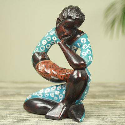 Wood sculpture, 'Thinking Mother' - Mother and Child Modern Wood Sculpture Carved by Hand