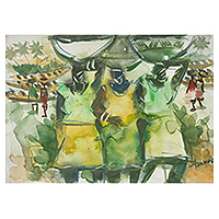 'Busy Day I' - African Watercolor Painting in Shades of Green