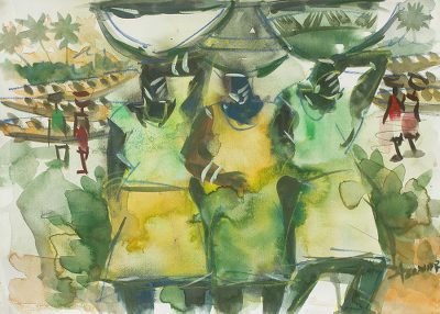 'Busy Day I' - African watercolour Painting in Shades of Green