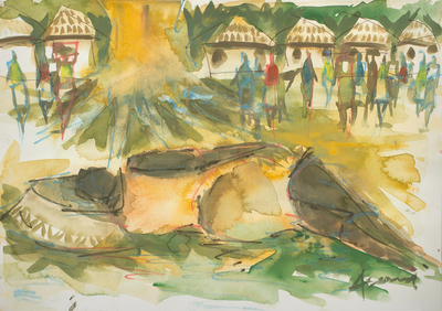 'Day of Rest II' - West African Village Scene in Watercolors