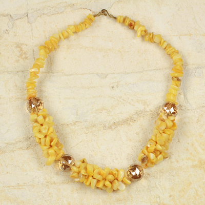 Agate beaded necklace, 'Edem' - Yellow Agate and Glass Beaded Necklace Crafted by Hand