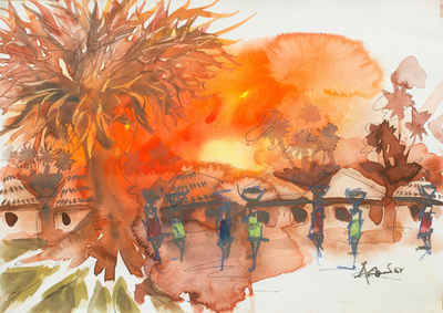 'Sunset Adventure' - Original Signed Watercolor Painting of an African Village