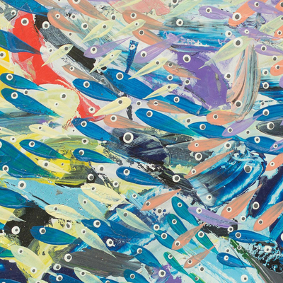 'Happy Fish' - Fische als Menschen Moderne afrikanische Kunst signiertes Gemälde aus Ghana