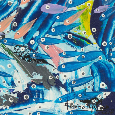 'Happy Fish' - Fish as Humans Modern African Art Signed Painting from Ghana