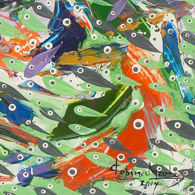 'Defining Moments' - Sea Life Painting of Multicolored Fish Signed African Art