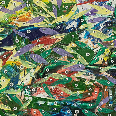 'Verona Species' - Peces multicolores en pintura africana Arte moderno firmado