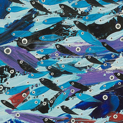 'Cold Season Move' - Blue Fish Painting Signed Modern African Art with Mat Board