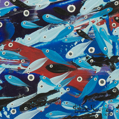 'Cold Season Move' - Blue Fish Painting Signed Modern African Art with Mat Board