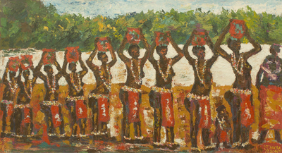 African Coming of Age Theme Signed Painting from Ghana
