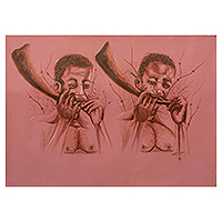 'Horn Blowers' - Signed Acrylic Portrait of African Men Blowing Horns