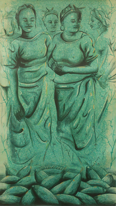 'Maize Season' - Unique African Painting in Blue-Green of Women at Maize Farm