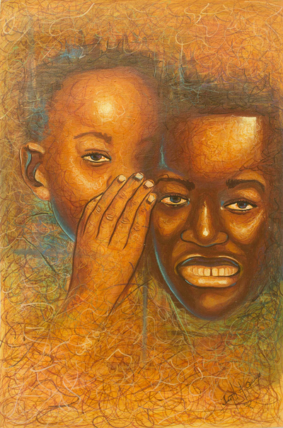 'Private and Confidential' - Friends Whispering Portrait Signed Painting from Ghana