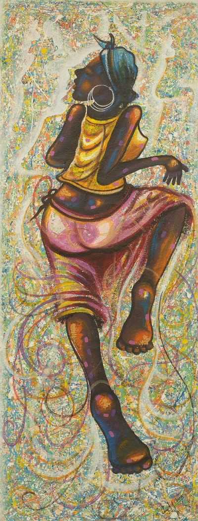 'Side to Side' - Painting of Woman Dancing Signed Fine Arts from Ghana