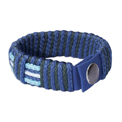 Men's wristband bracelet, 'Kente Ocean' - Men's Hand Crafted Blue Cord Wristband Bracelet