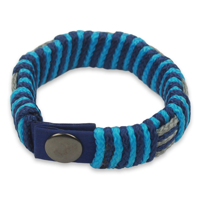 Men's wristband bracelet, 'Blue Kente' - Men's Hand Crafted Cord Wristband Bracelet in Blue and Grey