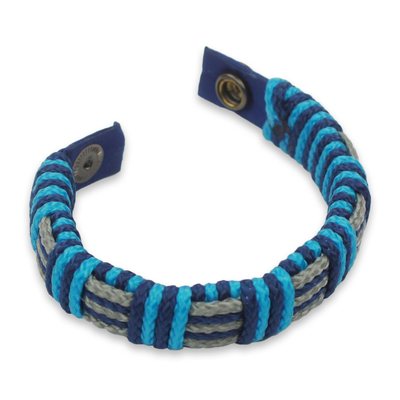 Herren-Armband-Armband, 'Blaue Kente'. - Handgefertigtes Kordel-Armband für Männer in Blau und Grau