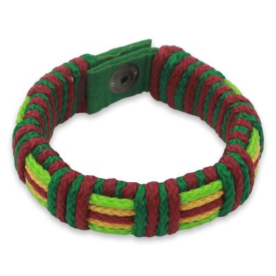 Men's wristband bracelet, 'Festive Kente' - Men's Hand Crafted Cord Wristband Bracelet Wine Green Yellow