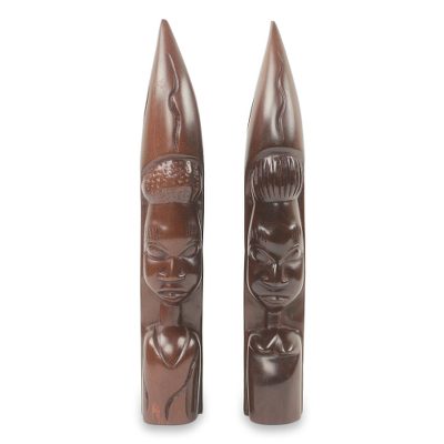 Ebony wood statuettes, 'Zulu Couple I' (pair) - Ebony Wood Hand Carved Statuettes of Zulu Couple (Pair)