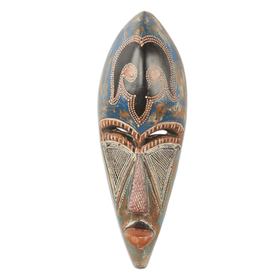 Afrikanische Holzmaske, „Agbemor“ – handgefertigte afrikanische Wandmaske in Antikblau