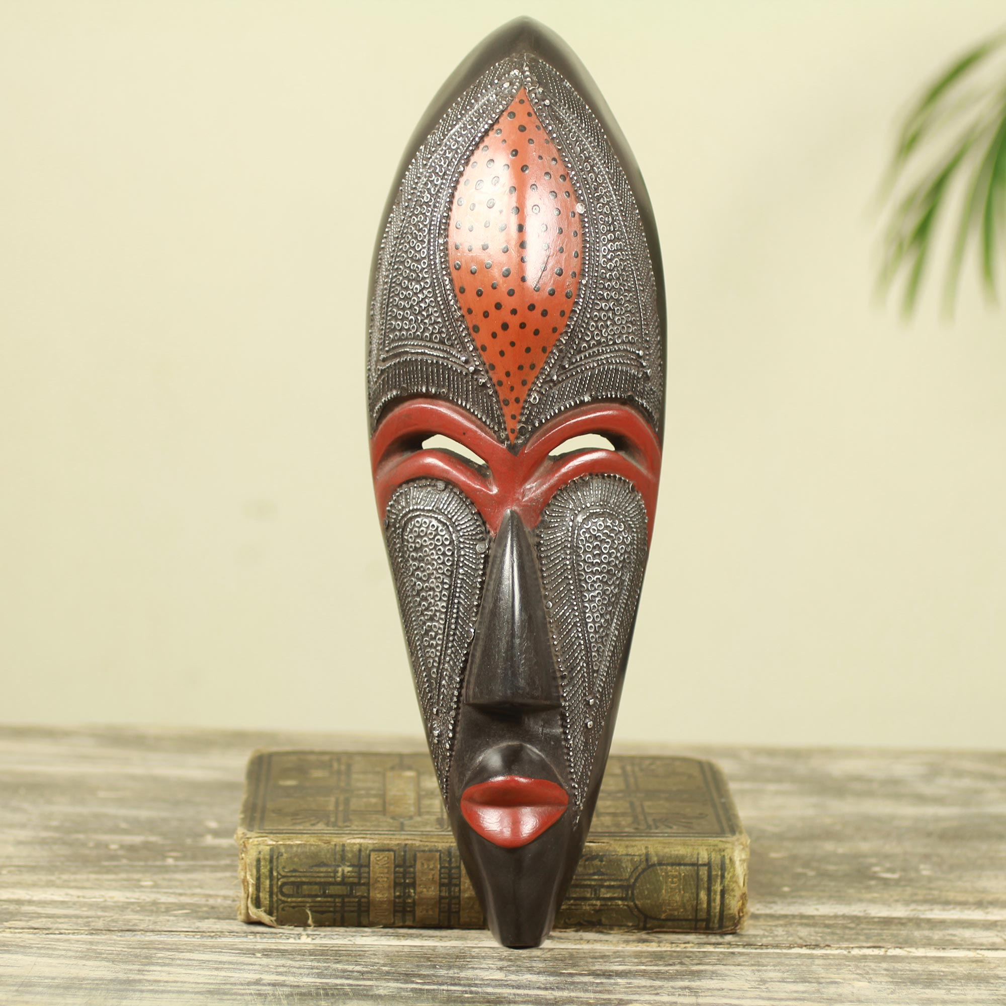 African Beauty Wall Mask in Embossed Aluminum on Wood - Dzekpi | NOVICA