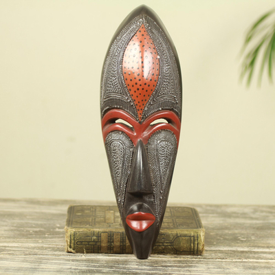 African wood mask, 'Dzekpi' - African Beauty Wall Mask in Embossed Aluminum on Wood