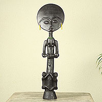 Wood fertility doll, 'Blessed Ashanti Mother' - Hand Carved African Fertility Doll with Children