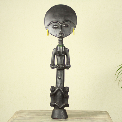 Wood fertility doll, 'Blessed Ashanti Mother' - Hand Carved African Fertility Doll with Children