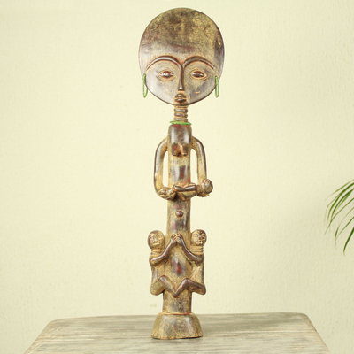Wood fertility doll, 'Beautiful Ashanti Mother' - Hand Carved African Fertility Doll with Children